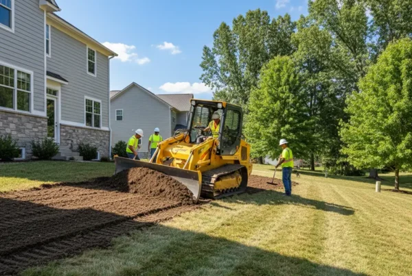 Professional crew grading a sloped residential backyard in Galena, Ohio with a bulldozer.