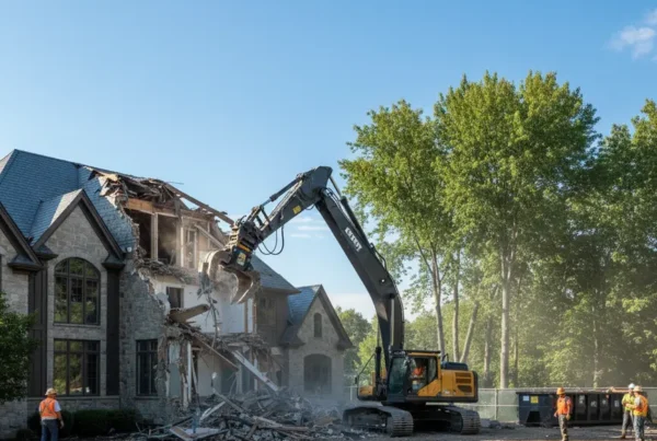 Excavator carefully demolishing a large residential home in an upscale Powell, Ohio neighborhood.