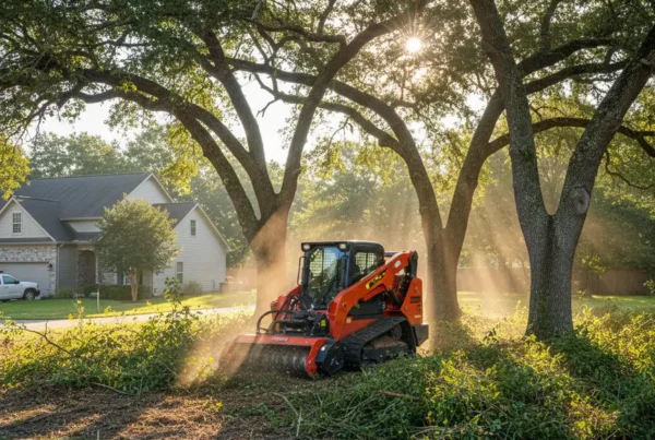Skid steer with forestry mulcher selectively clearing a residential lot in Powell, Ohio.