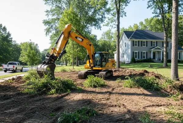 Excavator clearing trees and brush from a residential lot in Grove City, Ohio.