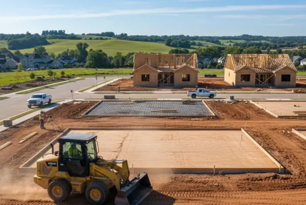 Small bulldozer performing residential lot grading on a rolling hill in Pataskala, Ohio.
