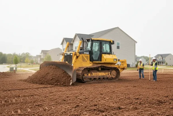 Professional crew using a bulldozer for land grading on a flat residential lot in Etna.
