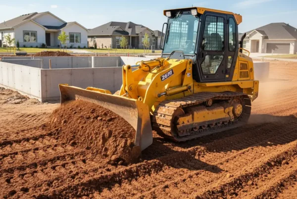 Compact bulldozer performing residential land grading on a lot with heavy clay soil.
