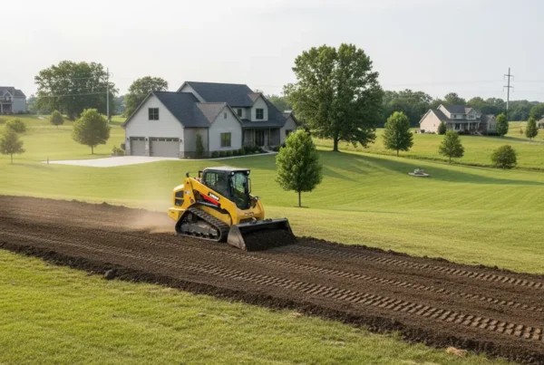 A compact bulldozer performing residential grading on a property with rolling hills in Pickerington.