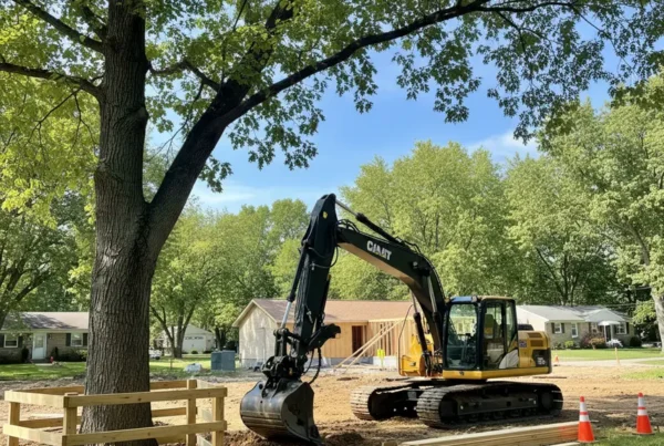 An excavator carefully digging on a residential property in Worthington, Ohio, next to a mature tree.