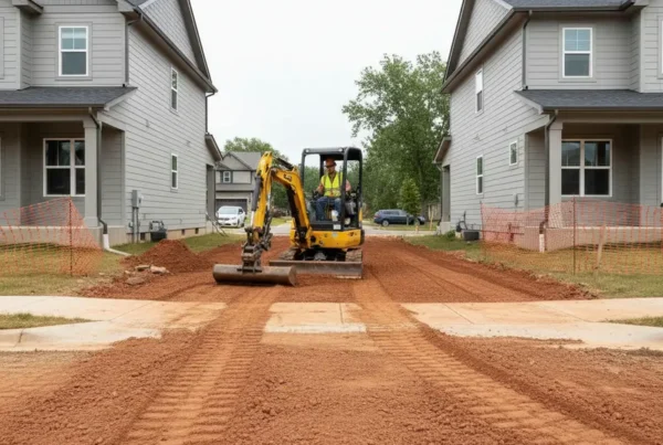 Mini excavator performing precision grading on a narrow residential lot in Worthington, Ohio.