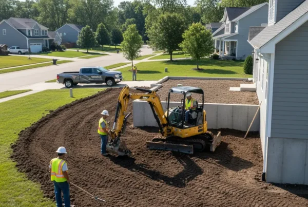 Professional crew performing residential lot grading on heavy clay soil in Hilliard, Ohio.