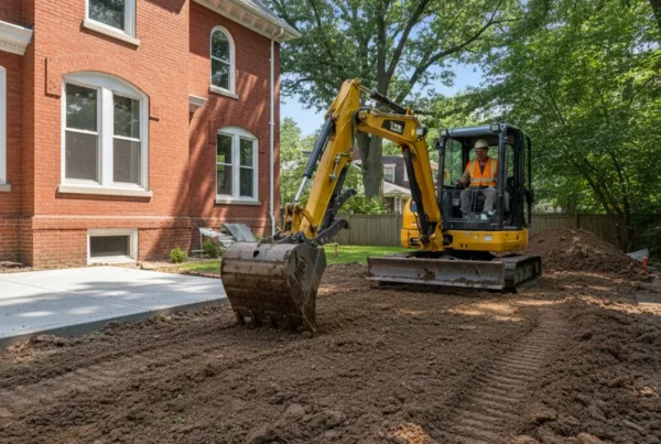 Compact excavator performing residential grading on clay soil in a Columbus, Ohio backyard.