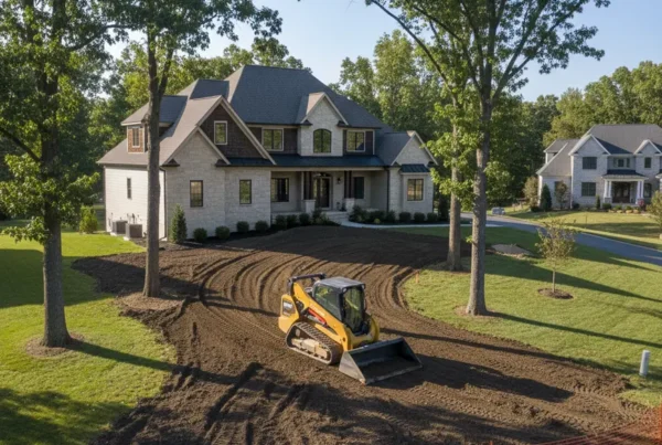 A skid steer performs residential grading on a large, sloped yard in Powell, Ohio.