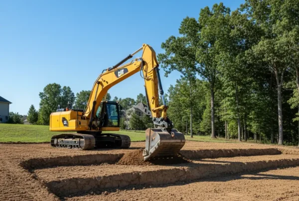 Excavator performing residential lot grading on a sloped property in Sunbury, Ohio.