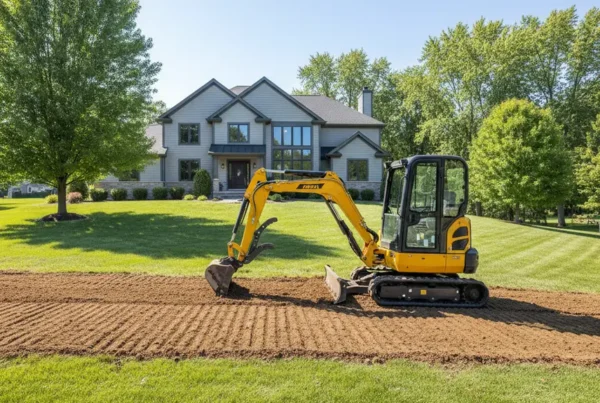 Mini excavator performing residential lot grading on a sloped yard in Westerville, Ohio.