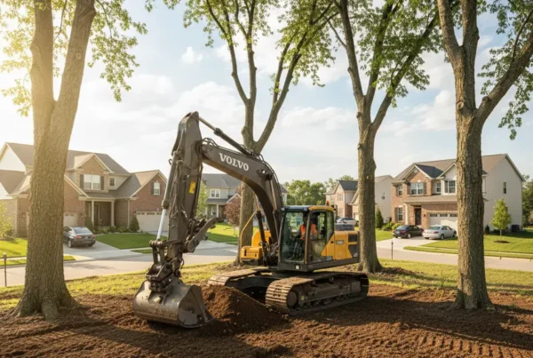 Excavator performing site preparation on a residential lot with large trees in Dublin, Ohio.