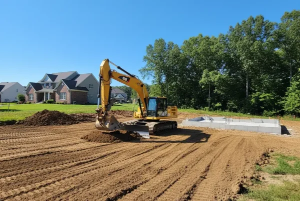 Excavator grading a gently rolling residential lot for site preparation in Pickerington, Ohio.