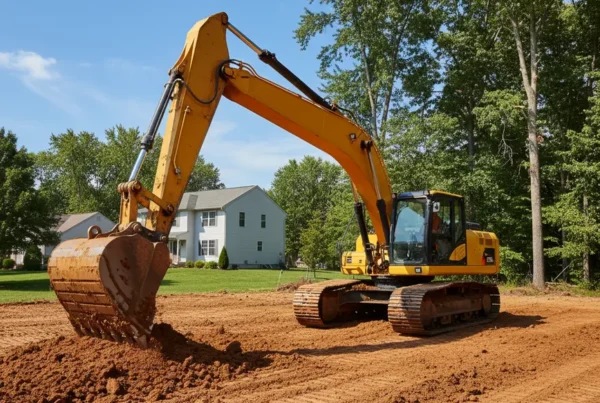 Excavator performing site preparation on a residential lot with clay soil in Richwood, Ohio.