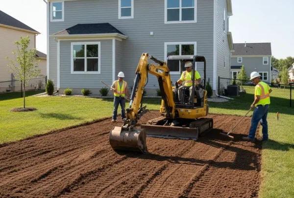 Professional crew grading a residential yard with an excavator in Reynoldsburg, Ohio.