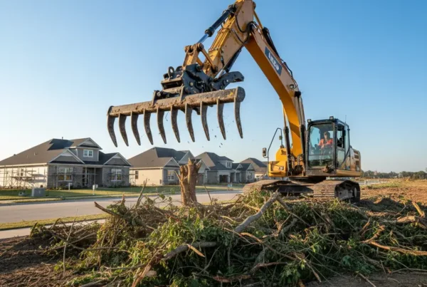 Excavator clearing land for a new suburban development in Delaware County, Ohio.