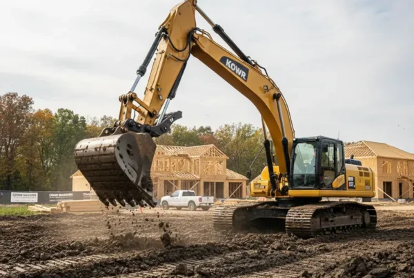 Excavator performing site clearing on a lot with heavy clay soil in Franklin County, Ohio.