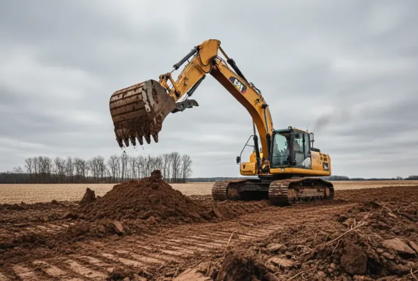 Excavator clearing heavy clay soil for a construction project in Union County, Ohio.