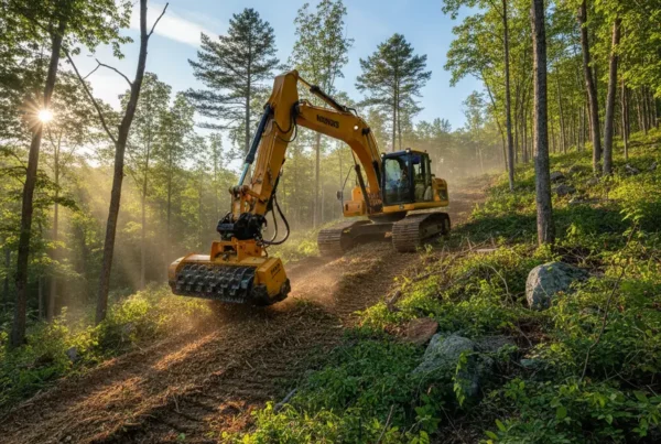 Excavator performing site clearing on a steep, wooded hill in Fairfield County, Ohio.