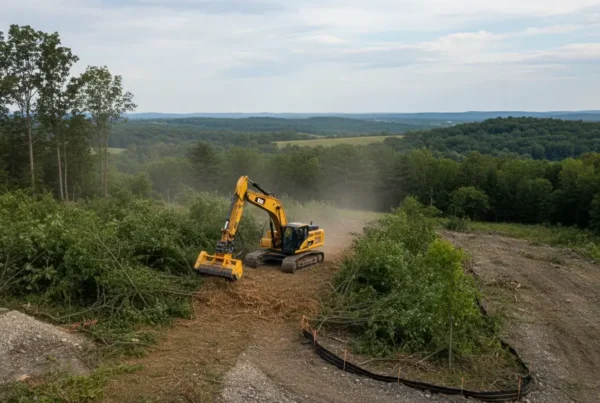 Excavator performing site clearing on a rolling, tree-covered hillside in Licking County, Ohio.