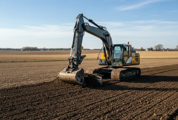 Excavator performing site preparation on flat, clay soil in Union County, Ohio.