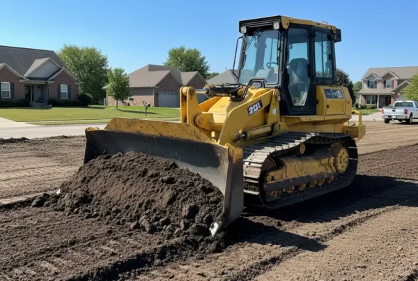 Bulldozer performing site preparation and grading on a flat residential lot in Heath, Ohio.