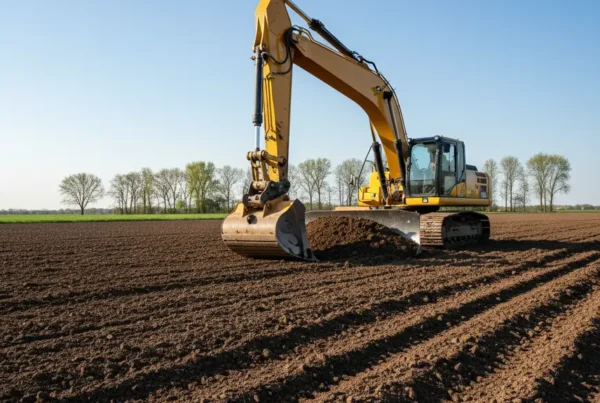 Excavator performing site preparation and grading on a flat plot of land in Millersport.