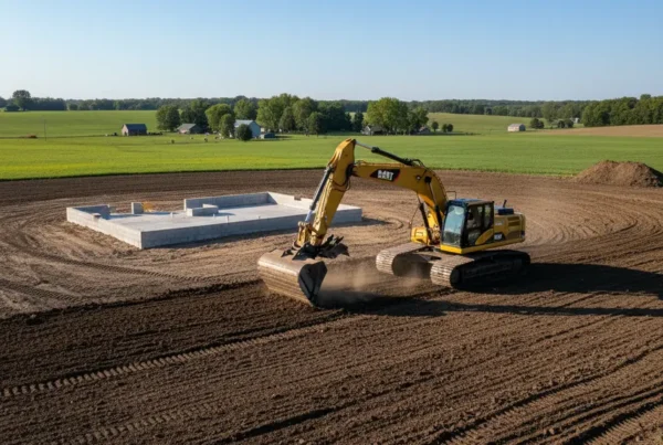 Excavator grading dark soil on a flat construction site in Plain City, Ohio.