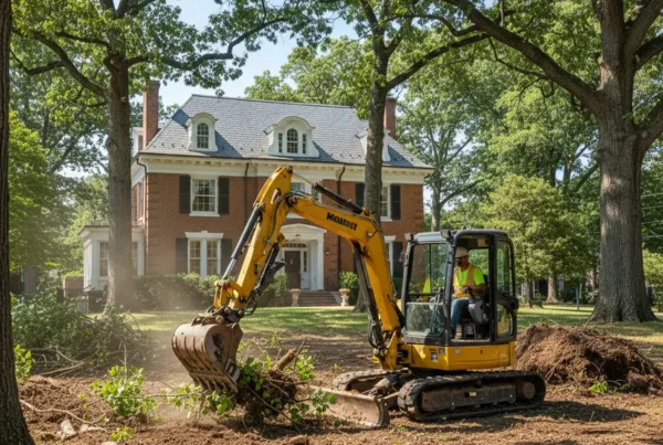 Excavator clearing land for site preparation in front of a historic home in Bexley, Ohio.