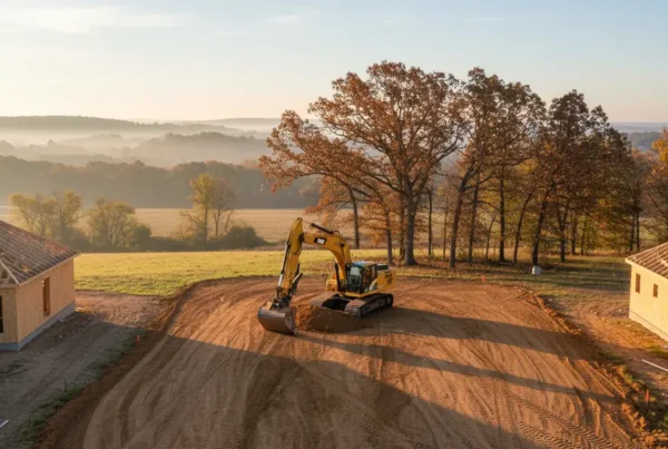 An excavator grading a residential lot with rolling terrain in Orange Township, Ohio.