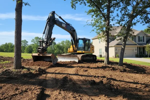 An excavator performing site preparation and grading on a residential lot with rolling terrain.