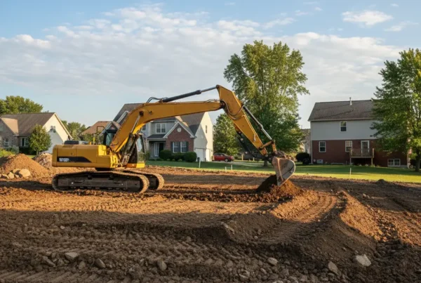 An excavator performing site preparation and grading on a sloped residential lot in Hebron.