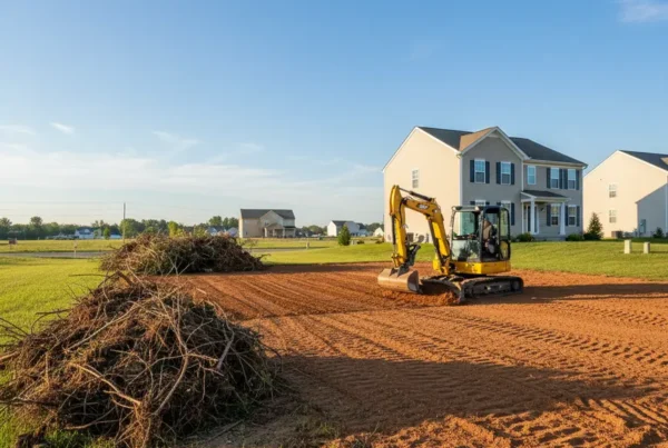 Excavator performing site preparation and grading on a suburban lot in Reynoldsburg, Ohio.