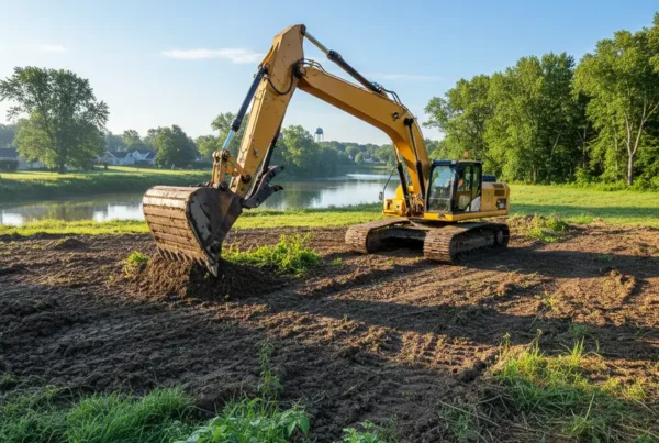 Excavator performing site preparation on a residential lot near a river in Johnstown, Ohio.