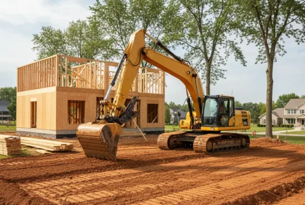 Excavator grading heavy clay soil for a new home foundation in Baltimore, Ohio.