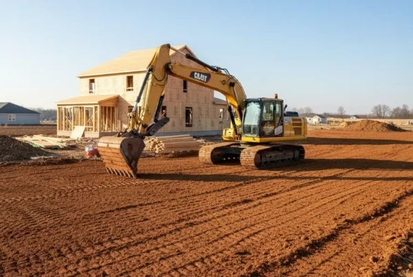 Excavator grading a residential construction site with challenging clay soil in Canal Winchester, Ohio.