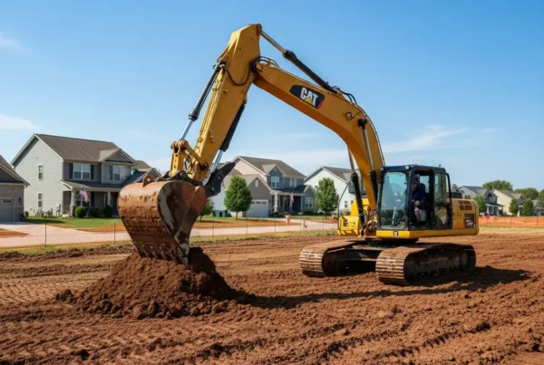 Excavator performing site preparation on a construction lot with heavy clay soil in Ohio.