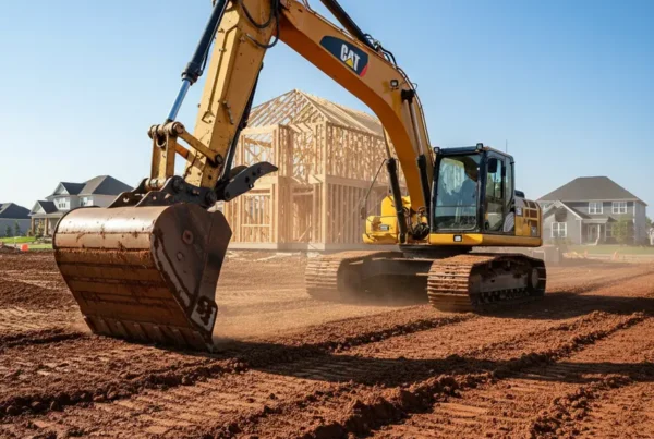 Excavator grading a residential lot with challenging clay soil for site preparation in Groveport.