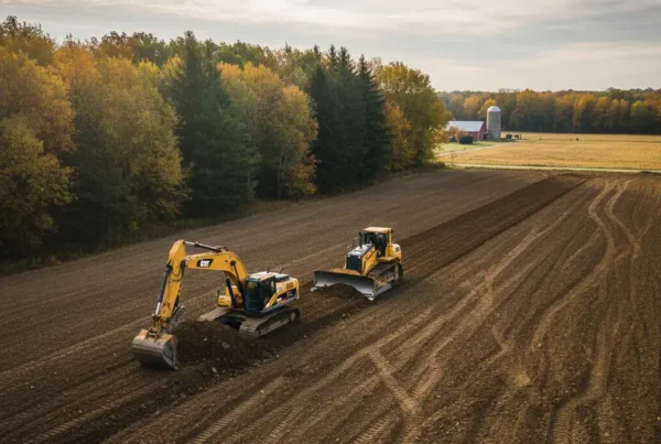 Excavator and bulldozer performing site preparation and grading on a flat lot in Milford Center.