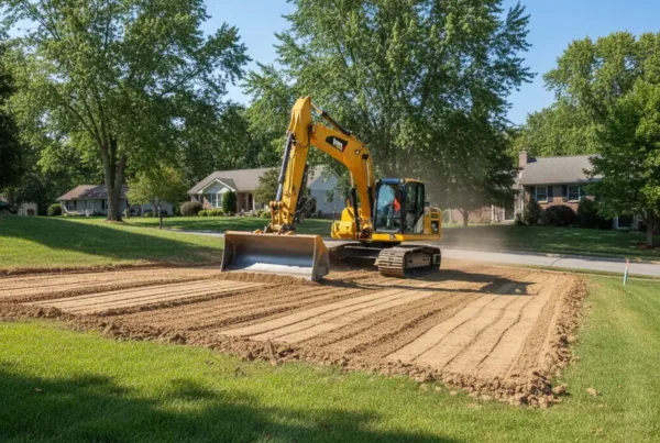 Excavator performing site preparation on a sloped residential lot in Gahanna, Ohio.