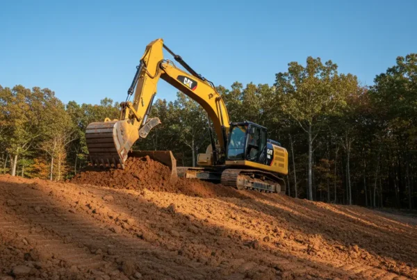 Excavator performing site preparation on a steep, clay-soil hill in Fairfield County, Ohio.