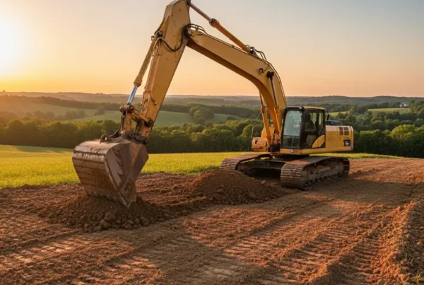 Excavator performing site preparation on a rolling hillside in Licking County, Ohio.