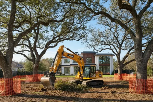 Excavator performing site preparation on a residential lot with large mature trees in Powell.