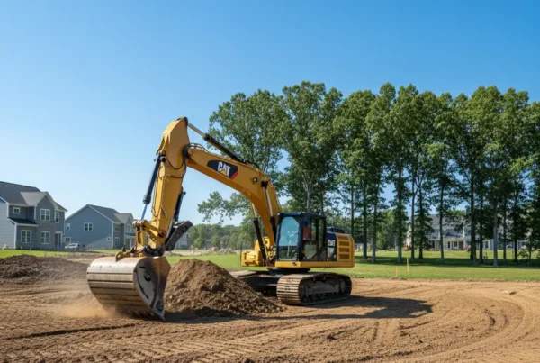 Excavator clearing a gently rolling residential lot for site preparation in New Albany, Ohio.
