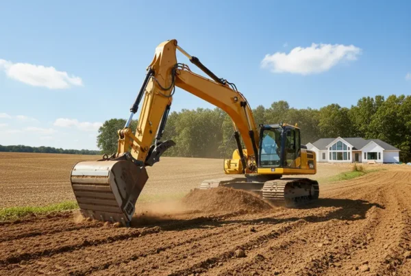 Excavator performing site preparation on a rolling residential lot in Amanda, Ohio.