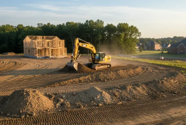 Excavator grading a residential construction site on a rolling hill in Pataskala, Ohio.