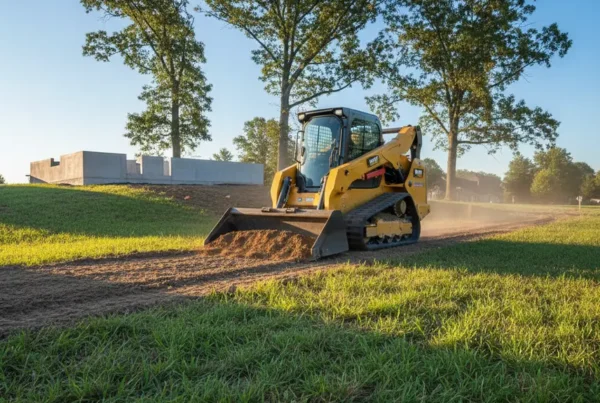 Skid steer performing site preparation and grading on a rolling residential lot in Westerville.