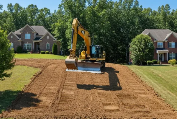 Excavator performing site preparation and grading on a sloped residential lot in Westerville North.