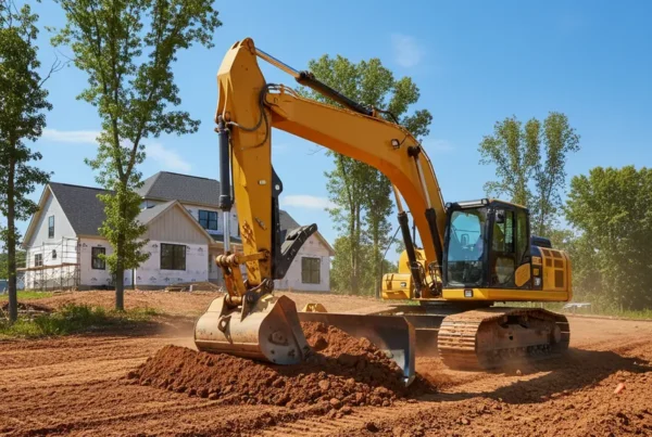 Excavator performing site preparation and grading on a rolling residential lot in Etna, Ohio.
