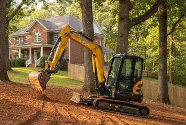 Mini-excavator performing site preparation on a sloped residential lot with large mature trees.